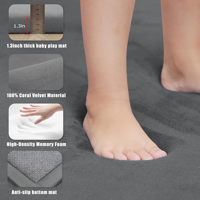 Baby Play Mat for Floor, 1.3" Thick Memory Foam Muscle Playpen Cushion, Soft Coral Velvet Tummy Time Mat with Non-Slip Backing, Water Repellent Child Nursery Rug for Toddlers, Kids (Dark Grey, 39X59)-CubbioJoy