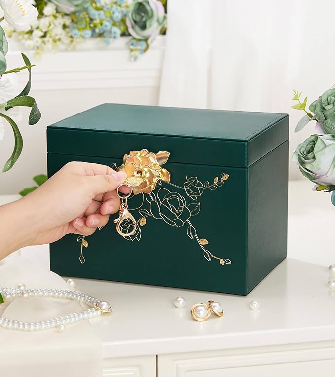 Jewelry Box with Lock for Girls: Jewelry Organizer for Dresser - 3-Drawer Earrings Storage Girls Women Gift (Dark Green)-CubbioJoy