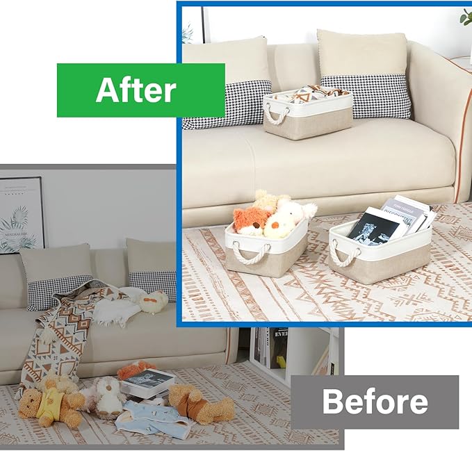 Bidtakay Small Baskets Fabric Storage Baskets for Organizing 3-Pack 12x8x5 Inch Collapsible Storage Bins for Shelves Canvas Bins for Closet Organization Baskets Storage Linen Closet S-White&Beige-CubbioJoy