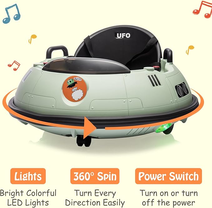 12V Electric Ride on Bumper Car for Toddlers, Kids Bumper Car with Remote Control, 360 Degree Spin, LED Lights, Dual Joysticks, Safety Belt for 18+ Months Kids, Green-CubbioJoy