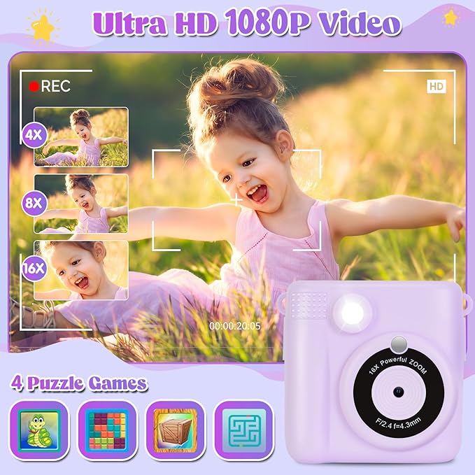 Instant Print Camera for Kids - 2.4 Inch Kids Camera Instant Print with Paper & 32G Card- Digital Children Toys as Christams Birthday Gifts for Girls Boys Age 3-12 - Purple-CubbioJoy