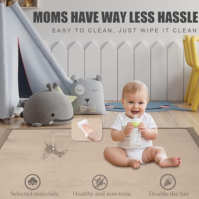 Baby Play Mat for Floor, 1.3" Thick Extra Large Cushioning Memory Foam Playpen Cushion, Soft Coral Velvet Tummy Time Mat with Non-Slip Backing, Child Nursery Rug for Toddlers, Kids (Beige, 79X59)-CubbioJoy