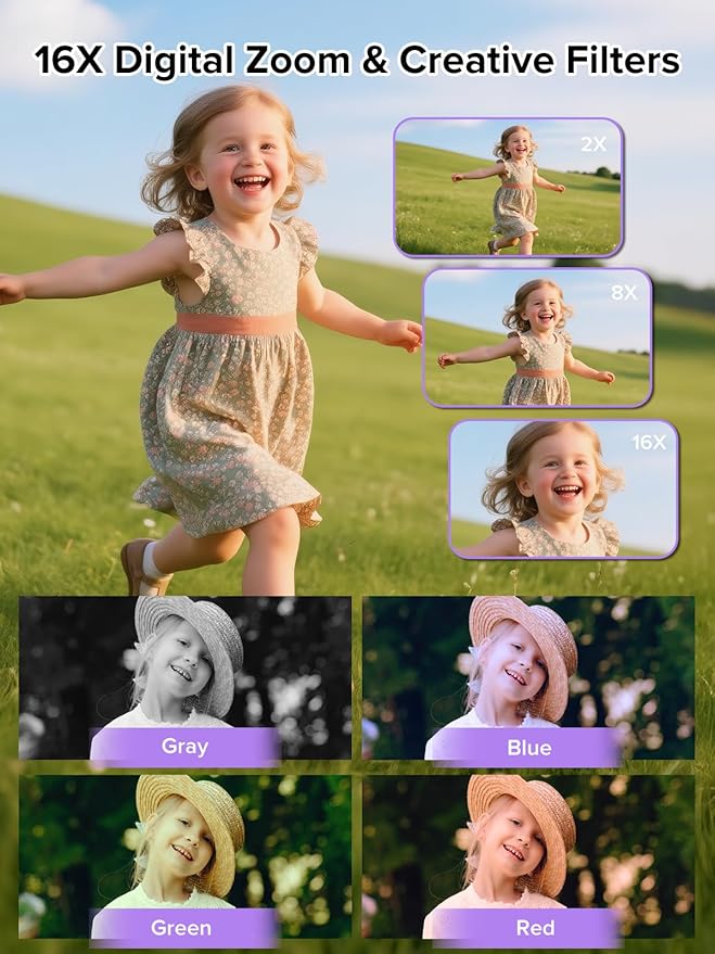 Digital Camera, 44MP Full HD 1080P Point and Shoot Camera with 64GB Card, Anti Shake 16X Zoom Compact Volg Cameras, Portable Small Digicam Gift for Kids, Ages Teen Girl Boy - Purple-CubbioJoy