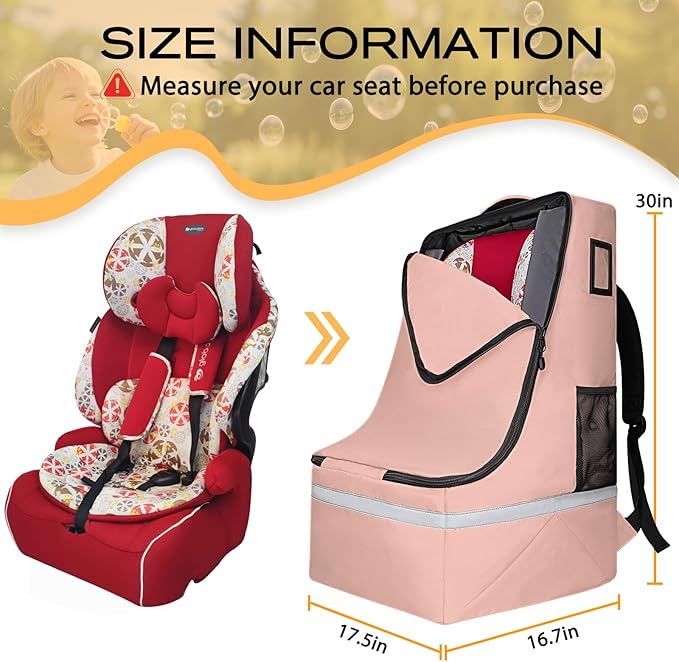 Car Seat Travel Bag for Airplane,Infant Seat Travel Bag with Shoulder Strap,Padded Car Seats Backpack with Reflective Stripes,Large Carseat Carrier Bag Travel Car Seat Cover,Flesh Pink-CubbioJoy