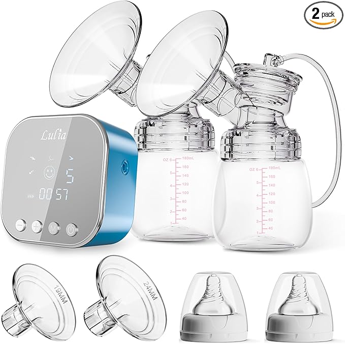 Double Electric Breast Pump Strong Suction, Portable Breast Pump Electric Breastfeeding Pump, Rechargeable Milk Pump with 4 Modes & 9 Levels, Low Noise, Anti-Backflow & LED Display, 24mm Flange, Blue-CubbioJoy