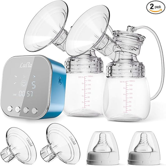 Double Electric Breast Pump Strong Suction, Portable Breast Pump Electric Breastfeeding Pump, Rechargeable Milk Pump with 4 Modes & 9 Levels, Low Noise, Anti-Backflow & LED Display, 24mm Flange, Blue-CubbioJoy