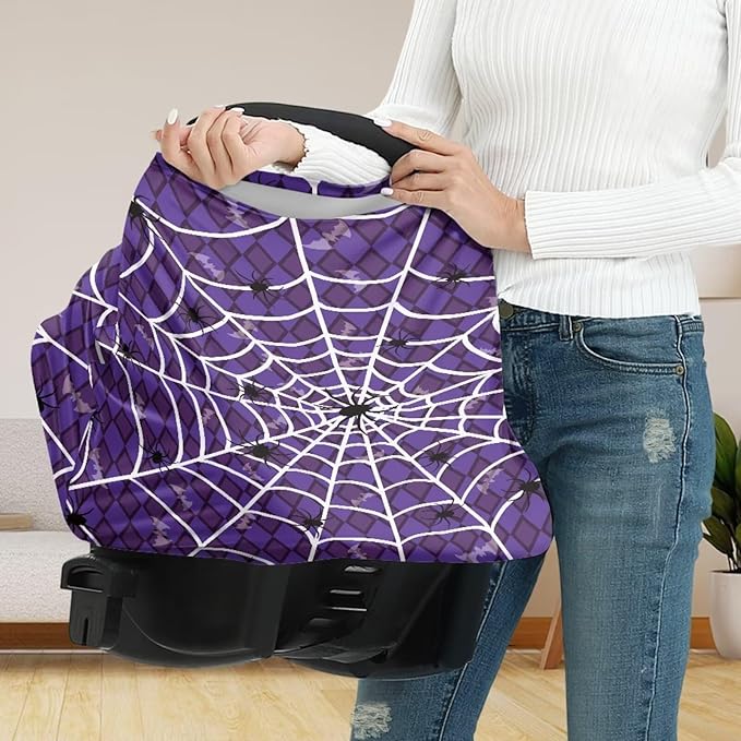 Binienty Halloween Spider Web and Bat Baby Car Seat Canopy Cover Halloween Decoration Nursing Cover for Breastfeeding Carseat Covers for Boy Girls-CubbioJoy