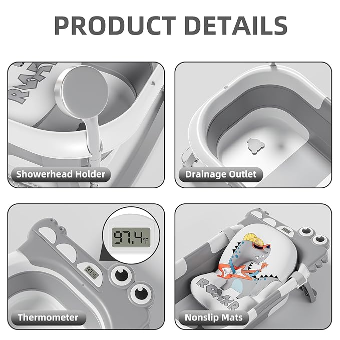 Collapsible Baby Bathtub for Newborn, Foldable Baby Bath Tub with Thermometer & Soft Floating Cushion & Drain Hole, Portable Travel Infant Bath Tubs for Newborns to Toddlers 0-36 Months Boys, Grey-CubbioJoy
