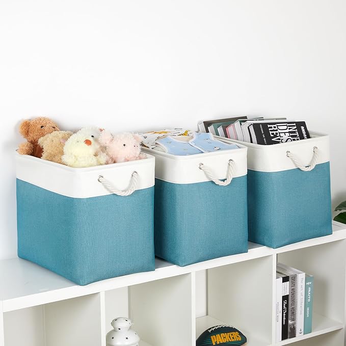 Bidtakay Extra Large Storage Baskets for Shelves 3 Pack Fabric Storage Bins for Organizing Linen Collapsible Organizer for Closet-White&Teal-CubbioJoy