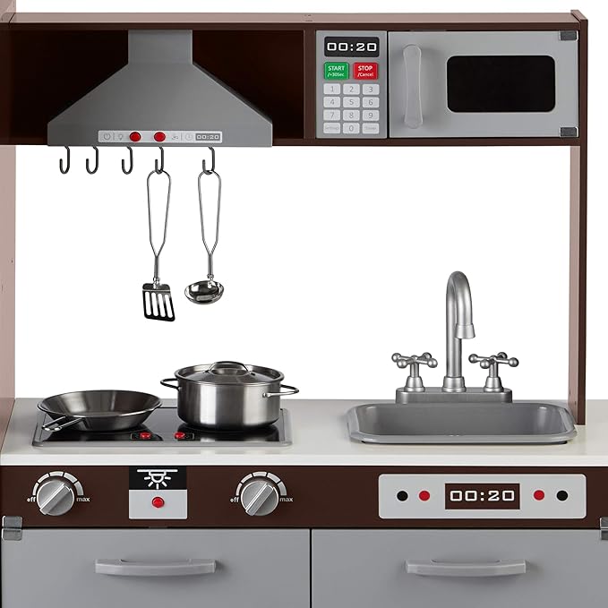 Amazon Basics Kids Upright Wooden Kitchen Toy Playset with Stove, Oven, Sink, Fridge and Accessories, for Toddlers, Preschoolers, Children Age 3+ Years, Espresso/Gray, 39x11.8x39''-CubbioJoy