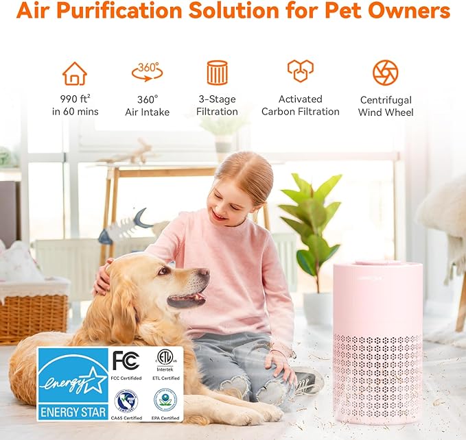 AIRROMI Air Purifier for Bedroom with HEPA 3-in-1 Filter, Pet Air Purifier for Home Cat Pee Smell, Covers Upto 990 Ft², Quiet 360° intake Air Cleaner for pet hair,allergies,Dust,Smoke A2001 Pink-CubbioJoy