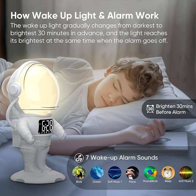 Astronaut Sunrise Alarm Clock for Kids, White Noise Sound Machine with 30 Soothing Sounds, 22 Dimmable Nightlights, Bluetooth Speaker, Dual Digital Alarm Clocks, Wake Up Light for Bedroom, Adults-CubbioJoy