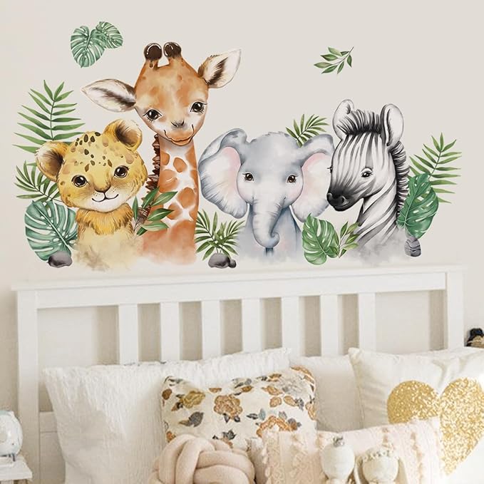 52.51x23.62 Inch Watercolor Jungle Animal Wall Decals Safari Forest Animal Wall Sticker Elephant Lion Monkey Decals for Baby Nursery Playroom Bedroom Classroom Kindergarten Decor-CubbioJoy