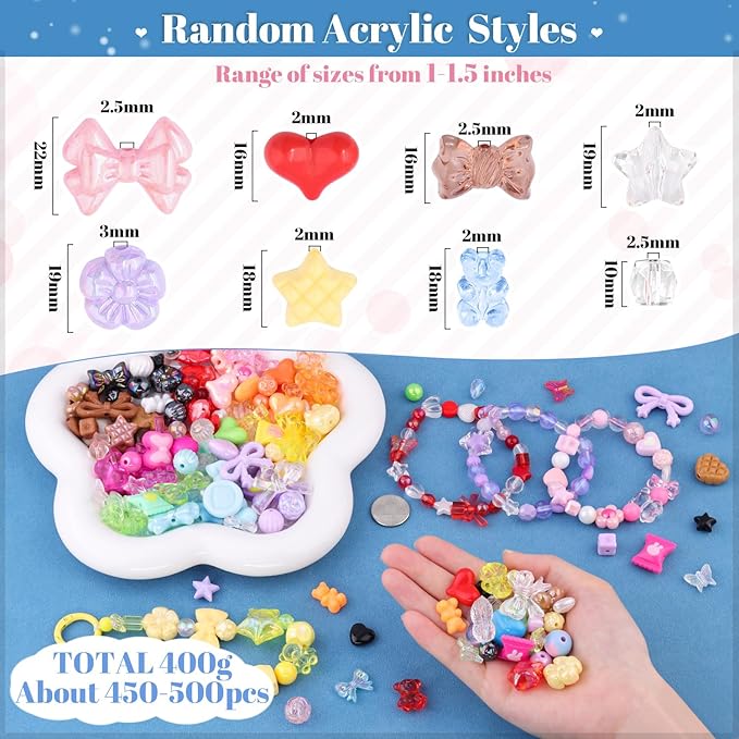 Assorted 500PCS 10 Colors Mixed Acrylic Beads for Bracelet Making, Flower Bow Butterfly GummyBear Aesthetic Bracelet Charms,Cute Beads for Jewelry Making DIY Necklace Keychain Phone Charm-CubbioJoy