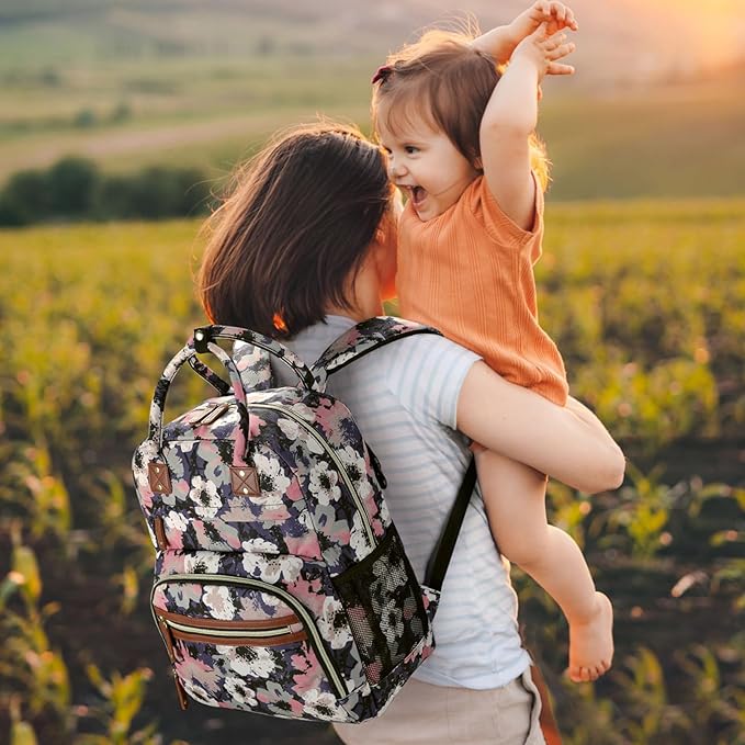 Diaper Bag Backpack Tote for Women Large Capacity, Multifunctional Waterproof Baby Bag with Insulated Pockets For Baby Girl Boy Mama, Maternity Bag Floral Painting-CubbioJoy