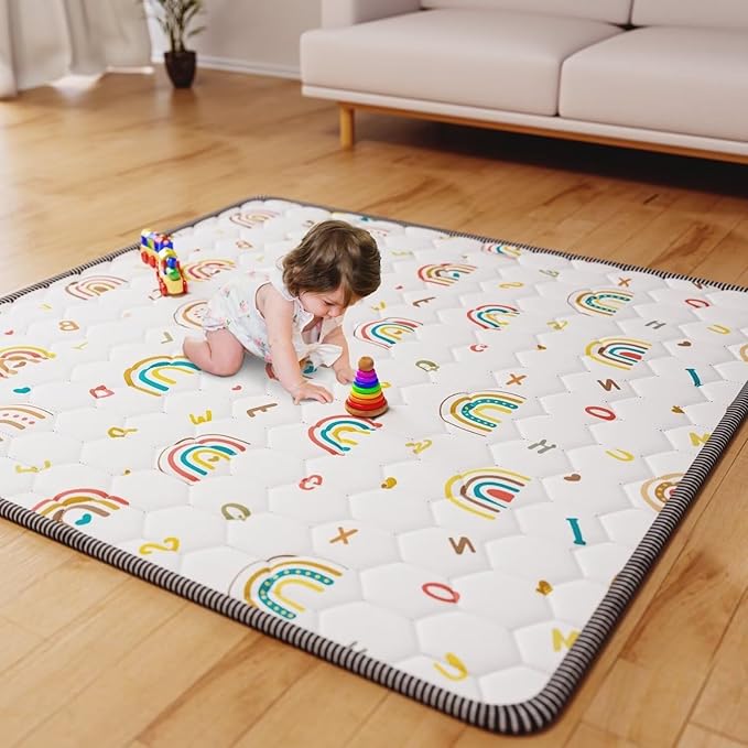 Boho Rainbow Baby Play Mat 50x50 Playpen Mat Thicken Soft Baby Crawling Mat Non-Slip Cushioned Baby Floor Mat with Letters, Activity Playmats for Babies Toddlers Play & Tummy Time (50X50,White)-CubbioJoy