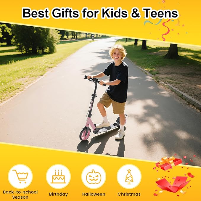 Kick Scooter for Kids Teens & Adults, 4 Adjustable Heights, 8IN All Terrain Big Wheels, Dual Brakes & Dual Suspension, Foldable and Lightweight, Gifts for Girls Boys-CubbioJoy