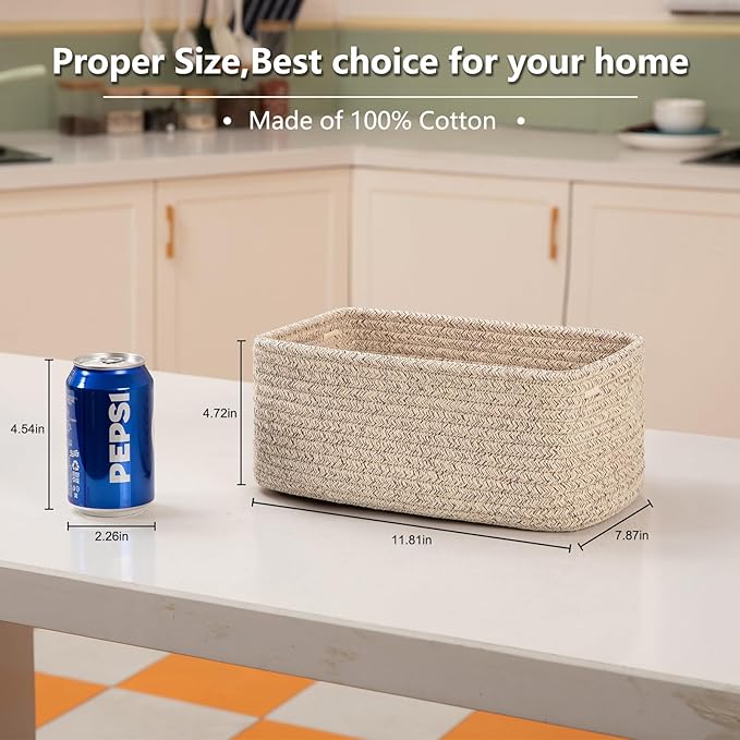 4 Pack Small Storage Shelf Baskets for Organizing, Mini Woven Rope Storage Bins for Towels, Cute Decorative Closet Organizer，Baby Nursery, Gift Empty Baskets -11.81''Lx7.87''Wx4.72''H'-Brown-CubbioJoy