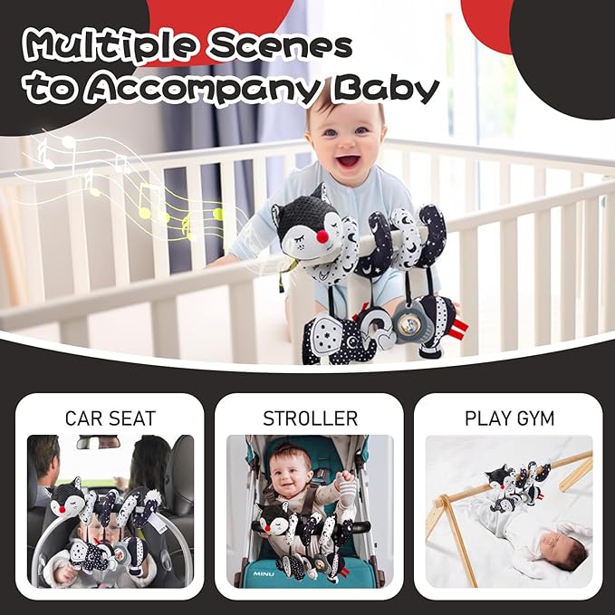 Jollybaby Crib Stroller Car Seat Toys for Baby 0-3-6-9-12 Months, Tummy Time Hanging Sensory Toys for Newborn with Music Box and Teether, Spiral Carseat Toy for Infant Boy Girl Gift (Black and White)-CubbioJoy