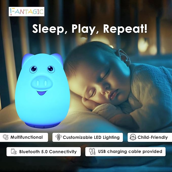 Combined Bluetooth Speaker & Nightlight With 9 Color Emissions, Child Friendly Silicone & BPA Free, USB Recharging, Receives Audio From Computer, Phone Or Tablet, and includes Remote Control (Pig)-CubbioJoy