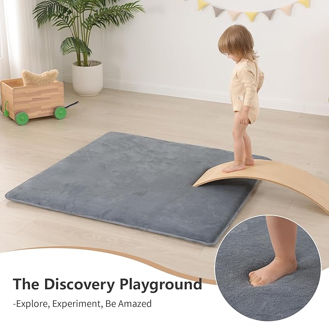 Baby Play Mat for Floor,1.3" Thick Elasti-Foam 50"×50" Playpen Mat for Tummy Time,Water Repellent Soft Coral Velvet for Toddler,Infant,Kids,Non-Slip Backing Safe for Crawling(Dark Grey)-CubbioJoy