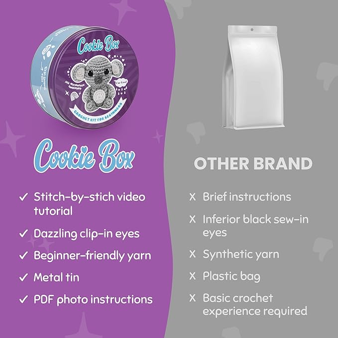 Cookie Box Crochet Kit for Beginners - Learn to Craft Amigurumi Stuffed Animals - Knitting Gift for Kids and Adults - Beginner-Friendly Yarn - Stitch-by-Stitch Video Tutorial - Koala Coal-CubbioJoy