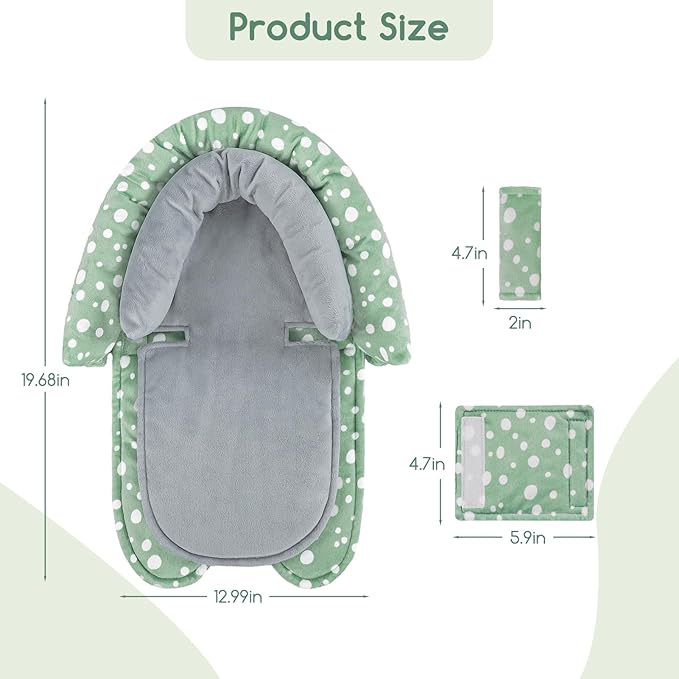 Baby Car Seat Head Support for Newborn, GFU 2 in 1 Infant Car Seat Head Body Support with Strap Pads, Soft Stroller Cushion Pillow Insert for Girls and Boys, Fits for Stroller, Swing, Green-CubbioJoy