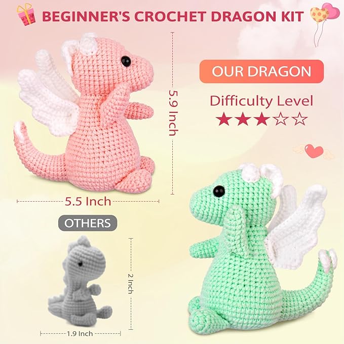 Crochetta Crochet Kit for Beginner, Crochet Starter Kit w Step-by-Step Video Tutorials, Crochet Kit for Beginners, Beginner Crochet Kit for Adults Kids Women Men Complete Kit Included (2 Dragons)-CubbioJoy