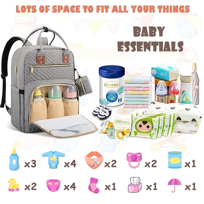 Baby Diaper Bag Backpack, Travel Diaper Bags for Baby Girl Boy Large Capacity Baby Bag Backpack for Women Grey-CubbioJoy