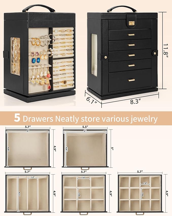 AKOZLIN Jewelry Box 6-Tier Organizer Functional 360° Rotating Jewelry Storage Case for Women Girls Ring Necklace Earring Bracelet Holder with Mirror-CubbioJoy