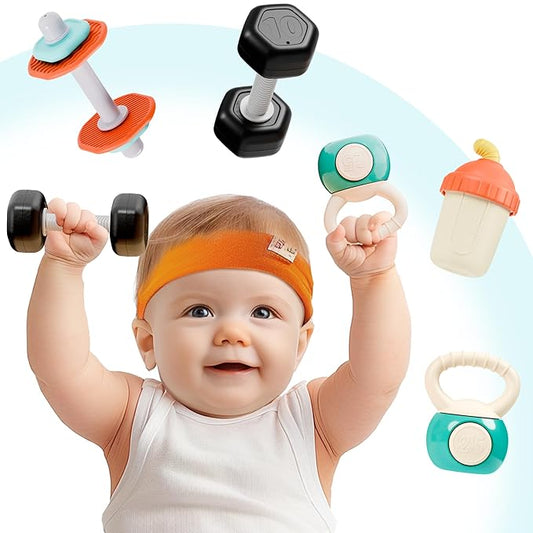 iPlay, iLearn Baby First Gym Rattle Set, Infant Dumbbell Weights Teething Rattles 3-6-12 Month, Newborn Workout Sensory Stroller Toy, Babies Birthday Shower Gift 5 7 8 9 10 Month Toddler Boy Girl-4PCS-CubbioJoy