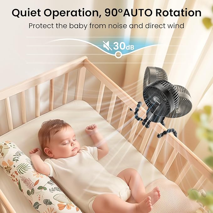 20000mAh Portable Stroller Fan with Auto Oscillating, Extended Anti-Slip Detachable Flexible Tripod, Power Bank & LED Light, 3-Speed Quiet Long Time Cooling Clip On Fans for Baby Crib Car Seat Travel-CubbioJoy