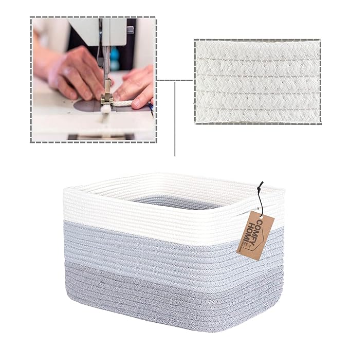 COMFY-HOMI Cotton Rope Woven Basket with Handles for Shelves,Toys,Book, Cloth Storage Baskets Bin for Organizing-13.5"x11"x9.5" Toy Decorative Organizer for Living Room, Bathroom-White/3Tone Grey-CubbioJoy