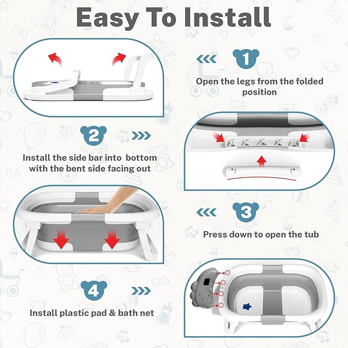 AVIDOR Baby Bathtub,Collapsible Bathtub for Newborn to Toddler,Durable Essential Infant Bath Tub,Portable Travel Baby Tub with Soft Bath Net,No-Slip Feet and Dinosaur Shaped (Grey)-CubbioJoy