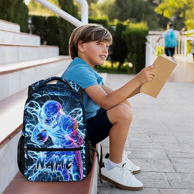 Boys School Backpack, Personalized Football Backpacks for Kids Kindergarten Senior Middle, 17 Inch Lightweight Lightning Bookbag with Custom Name, Cool Back to School Gift-CubbioJoy