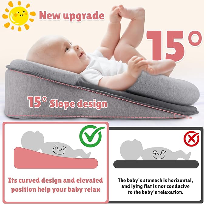 Baby Wedge Pillow for Infant with Safety Strap, Reflux Baby Pillow, Relief & Spit-Up Prevention, Removable Cover for Breastfeeding, Bottle Feeding-CubbioJoy