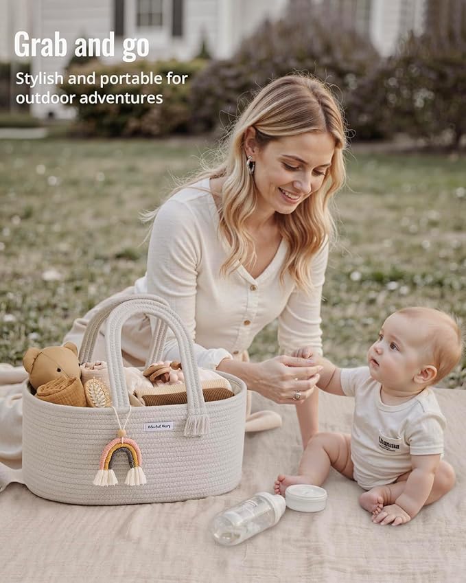 Blissful Diary Baby Diaper Caddy Organizer, Cotton Rope Diaper Caddy Basket, Oval Storage Basket, Gift for Baby Shower, Newborn Essentials, Beige-CubbioJoy