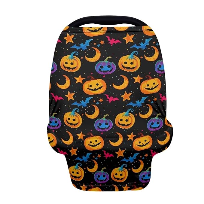 Binienty Galaxy Pumpkin Bats Moon Car Seat Covers for Babies, Halloween Decoration,Halloween Pumpkin Nursing Cover Breastfeeding Scarf, Stretch Baby Carseat Canopy-CubbioJoy