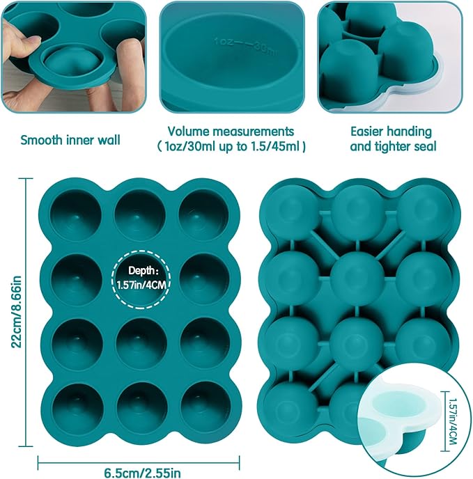 Baby Food Storage 12 x 1.5OZ Silicone Freezer Tray with Lid, Food Grade Silicone Containers for Purees & Vegetables Teal Blue-CubbioJoy