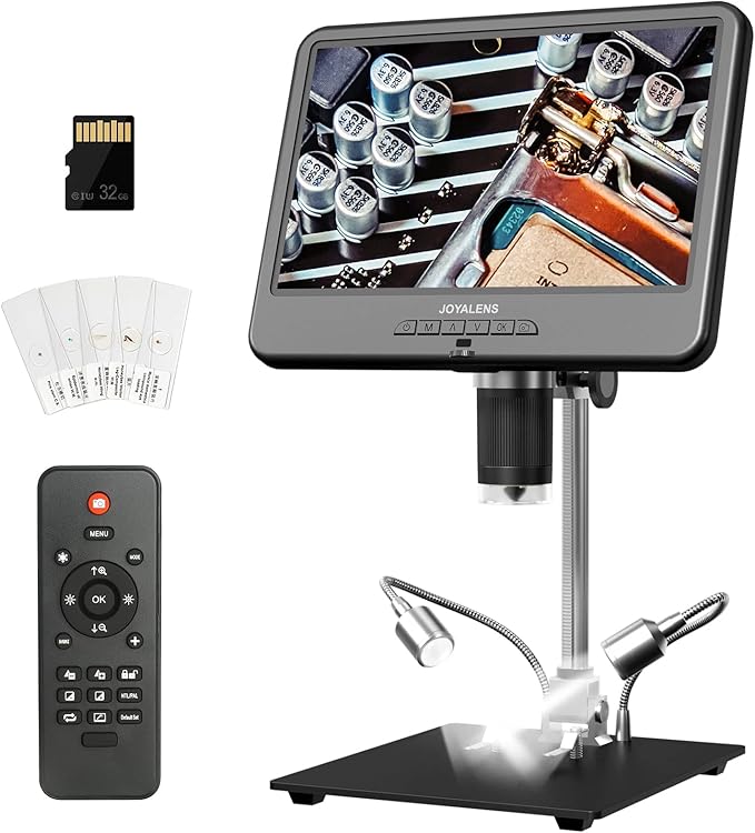 JL210 10.1'' Digital Microscope for Adults, Coin Magnifier Microscopes Full View for Error Coins, Soldering Electronics Microscopes Camera, 8 LED, 12.6" Metal Stand, PC View, 32GB-CubbioJoy