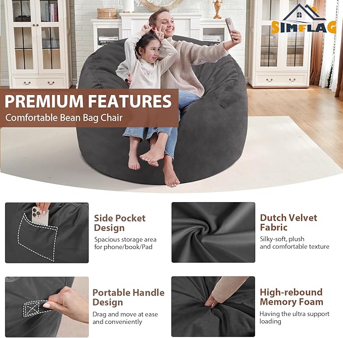 3FT Bean Bag Chair, Comfy Bean Bag Chairs with Memory Foam Filled, Fluffy Beanbag Sofa with Dutch Velvet Cover, Round BeanBag Chairs for Living Room, Playroom- Grey-CubbioJoy