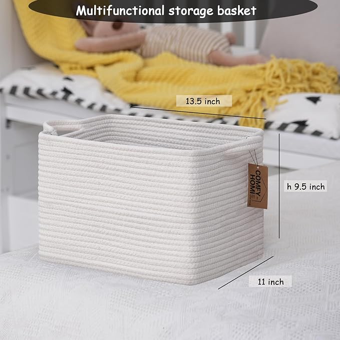 COMFY-HOMI 3PACK Cotton Rope Square Basket with Handles for Shelves|Dog Toy Basket Bin and Storage|Baby Basket for Gif|Shoe basket for Organizing|New13.5" x 11" x 9.5" for Living Room（All White）-CubbioJoy