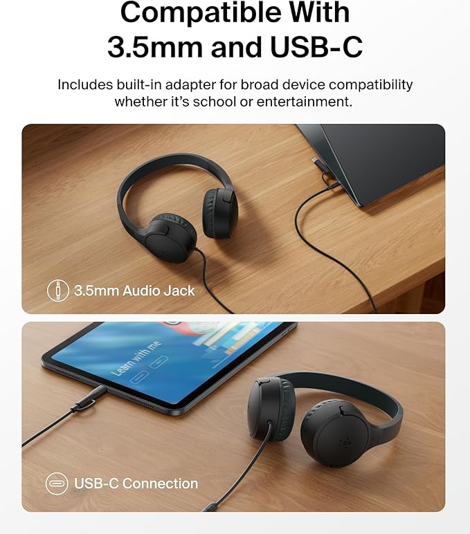 Belkin SoundForm Mini Kids Wired Headphones w/USB C to 3.5mm Dongle, Built-in Mic & Fun Stickers, 85dB Max Volume – for Online Learning, Travel, Compatible w/iPhone 16, iPad, Galaxy S25, etc - Black-CubbioJoy