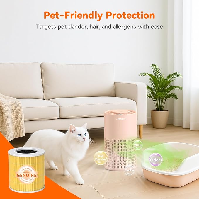 AIRROMI Air Purifier for Bedroom with HEPA 3-in-1 Filter, Pet Air Purifier for Home Cat Pee Smell, Covers Upto 990 Ft², Quiet 360°intake Air Cleaner for pet hair,allergies,Dust,Smoke A2001 Orange-CubbioJoy