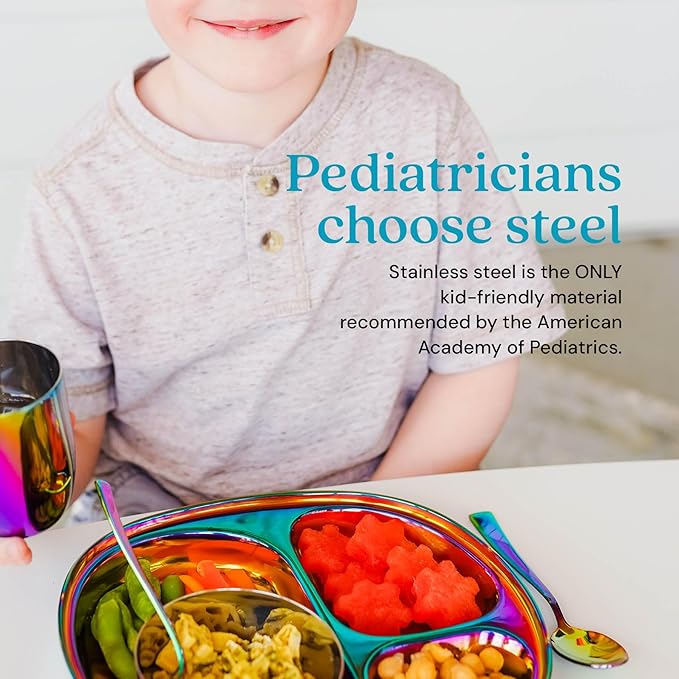 Ahimsa Stainless Steel Plates for Kids - Divided Plates for Toddlers, Pediatrician Designed, Non Toxic Toddler Plate, BPA Free & Dishwasher Safe (Rainbow Set of 4)-CubbioJoy