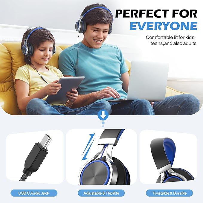 AILIHEN C8 USB-C Headphones Wired - Kids Headphones with Microphone & Volume Control, Foldable Stereo Sound Tangle-Free Type C Cord, Compatible with Cellphone, Laptop, PC (Black Blue)-CubbioJoy