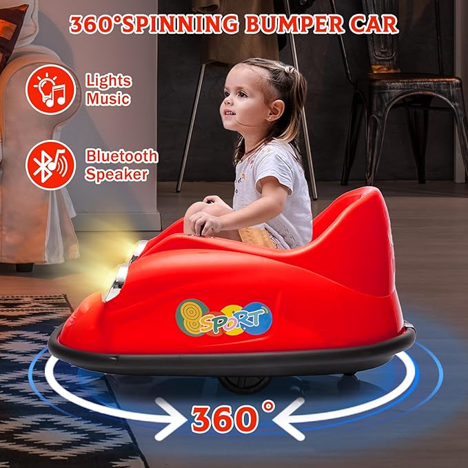 12V Bumper Car for Toddlers, Electric Toy Ride on Battery Car with Kids W/Parent Remote Control, 2-Speed, 360 Degree Spin, Music & LED Lights for Kids, Red-CubbioJoy