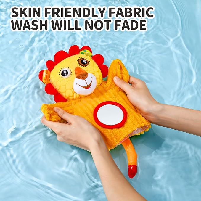 Jollybaby Hand Puppets Baby Toy 0-6-12 Months, Plush Stuffed Animal Hand Puppets Toys for Kids，Sensory Doll with Rattle and Mirror for Toddler，Social Emotional Play Therapy Toys for Boy Girl Gift-CubbioJoy