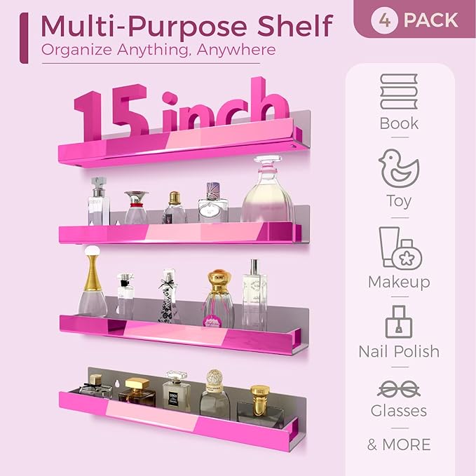 4 Pack 15 Inch Pink Reflective Acrylic Shelves, Pink Floating Shelves, Modern Sunglasses Essential Oil Picture Ledge Display Toy Storage Shelf-CubbioJoy