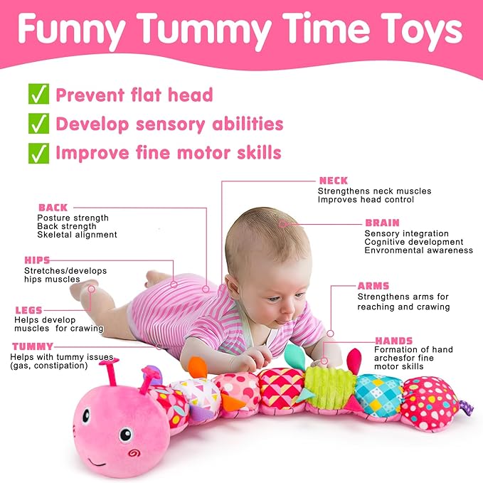 Baby Tummy Time Toy 0-6 Month Musical Stuffed Animal Plush Caterpillar Toy for Infant 6-12 Month Teething Sensory Toy with Crinkle Rattle for Babies 0-3-6 Month Newborn Toys for Boy Girl Birthday 1-CubbioJoy